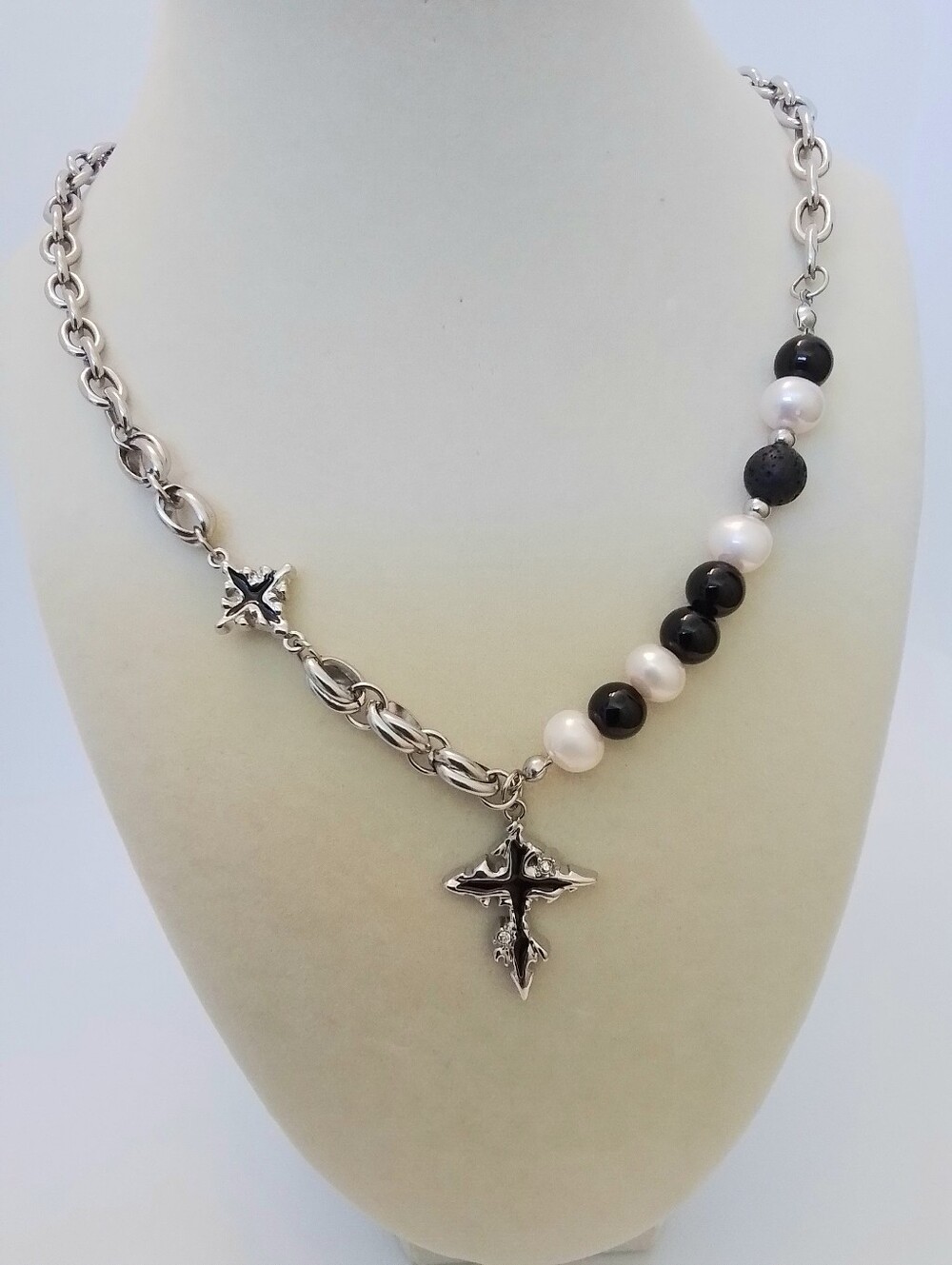 Silver and Black Cross Pearl Pendant Necklace